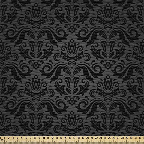 ABAKUHAUS Dunkelgrau Gewebe als Meterware, Schwarzer Damast mit Blumen, Schön Gewebten Stoff für Polster und Wohnaccessoires, 1M (148x100cm), Schwarz Grau