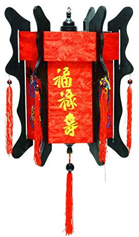 Asiatische Lampion aus Seide, Rot, bestickt, Drache und Phönix, Höhe 40 cm, Laterne Hoi an aus Holz und Stoff, Dekoration und Handwerk aus Vietnam (LSB-45R-B)