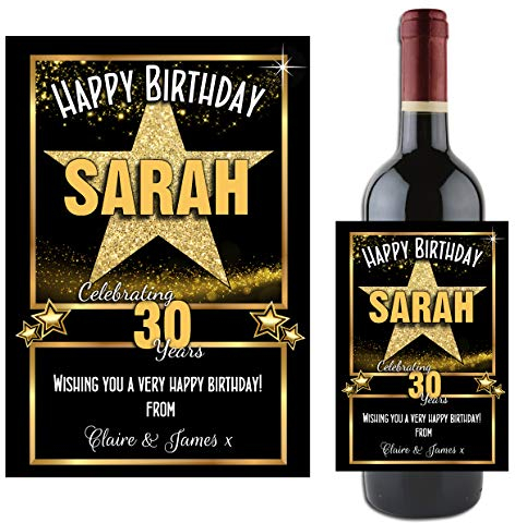 Personalised Wine/Champagne Bottle Label ~ Gold Star Happy Birthday Gift Idea N115 Any Age 18th 21st 30th 40th 50th 60th for him her Brother Sister Mum dad