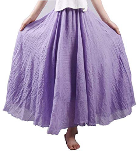 COVPAW Damen Maxirock Baumwolle Boho Plissee Retro Langer Sommerrock Faltenrock Strandrock Elastische Taille Tanzrock Double Layer (Lila)
