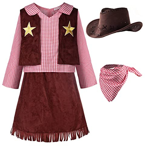 ReliBeauty Cowgirl Cowboy Costume Bambina con Cappello e Sciarpa Costumi di Carnevale,10 Anni