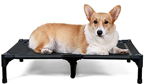 ANWA Lit Surélevé pour Chien de Camp sur Pieds Pliable Intérieur Extérieur, Noir en Tissu Teslin M(88 * 63 * 20cm)