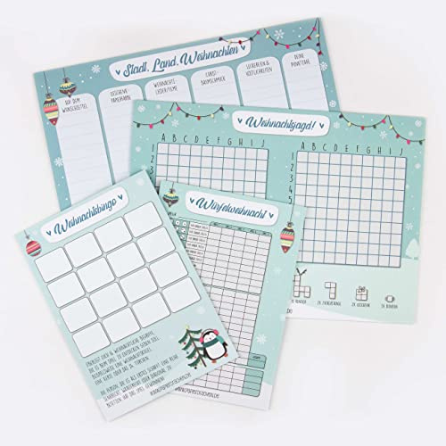 Papierdrachen Spielblock Weihnachten 2025 - Stadt Land Weihnachten - 4 Minispiele für Kinder & Erwachsene - Schiffe versenken, Kniffel & Bingo - Geschenk