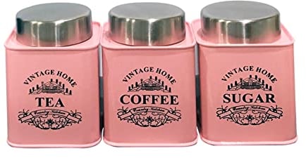 Nobel Set of 3 Tea Coffee Sugar Canisters - Vintage Home (Pink)
