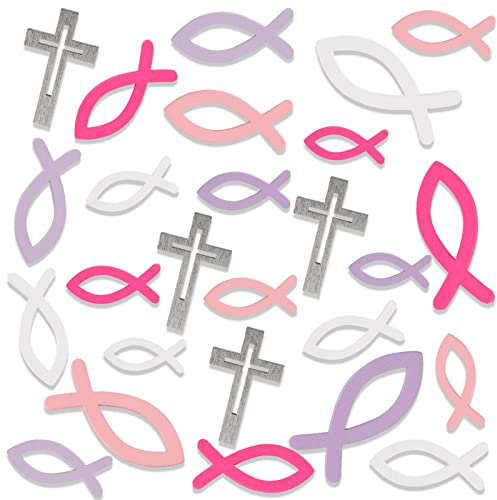 DPKOW 100pcs Holz Fische Kreuz Deko für Mädchen Taufe Kommunion Konfirmation Dekoration, Rosa Fische Streudeko für Taufe Tischdeko für Mädchen