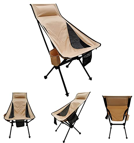 Campingstuhl Klappbar Aluminium, Ultraleichte High Back Folding Camping-Stuhl Angelstuhl mit Removable Kissen, Leichter Faltbarer Strandstuhl für Wandern Outdoor, Belastbar bis zu 150kg (Color:Beige)