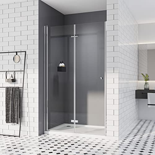 Duschtür 80x185 cm, Falttür Verstellbereich von 79-81cm, Rahmenlos Duschtür aus 5mm ESG Sicherheitsglas, Rund Griff