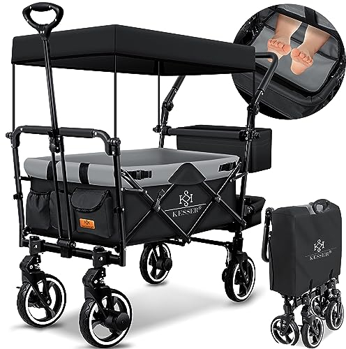 KESSER® Bollerwagen Faltbar GTS-9100 mit Dach Handwagen Transportwagen klappbar inkl. 2X 3-Punkt Gurtsystem 360° Vollgummi-Reifen & Innenraumverlängerung Vorder- & Hinter-Bremse + Cover & Schloss