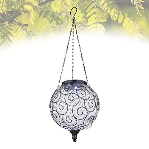 Solarlampe für Außen Hängend Kugel mit Pflegetuch – Solarleuchte Garten 61 cm Hoch – Außenleuchte Gartenlampe LED 20 cm Durchmesser – Leuchte Solar Aussenlampe IP 44 Metall Schwarz Lichtspiel