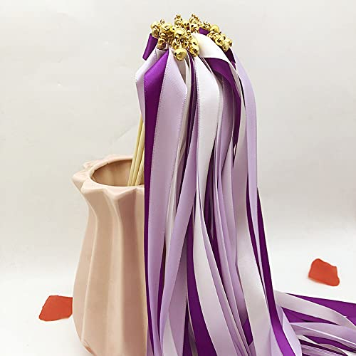 Zauberstäbe mit Band Glocken,50 Stück Luftschlangen Seide Fee Stick,Wedding Twirling Streamers Ribbon Wedding Wands Stick für Hochzeit Partys Babypartys Geburtstag Urlaub Feiern Weihnachten,Lila