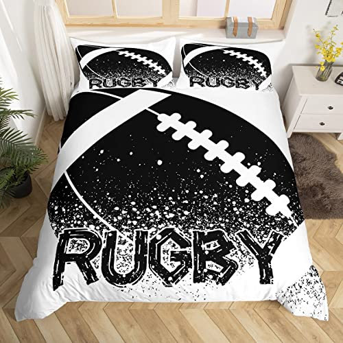 Rugby Duvet Cover Single Size Boys Ball Game Bedding Set Sports Ball Black And White Comforter Cover American Football Hobby Activity Bed Set European Sport Competitive Games Room Decor