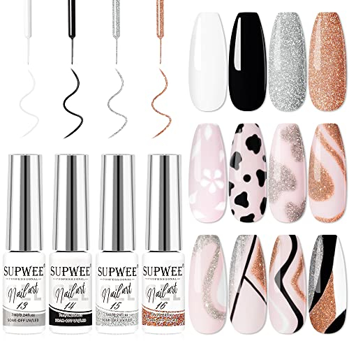Supwee 4 Farben Nail Art Liner Gel Polish Set Weiß Schwarz Silber Champagner Französisch Reflective Glitter UV Gel Nagellack Set Disco Glitter Malgel für Nagel Design UV-Gels
