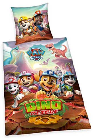 Herding Paw Patrol Dino Rescue Bettwäsche-Set, Kopfkissenbezug 70 x 90 cm, Bettbezug 140 x 200 cm, Mit Reißverschluss, 100% Baumwolle/Renforcé, Mehrfarbig