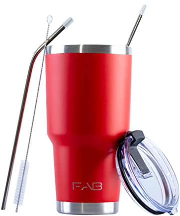 FAB | Vacuum Insulated Tumbler with Lid & Straw 850ml (30oz)| Reusable Stainless Steel Flask for Hot & Cold Drink | Iced Coffee Cup | Travel Mug | BPA Free - Red