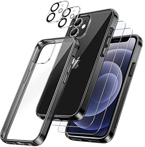 JETech 5 en 1 Coque pour iPhone 12 6,1 Pouces, avec 2 Protection D'écran et 2 Protecteur Caméra Arrière, Film en Verre Trempé à Couverture Complète, Housse Étui Antichoc (Noir)