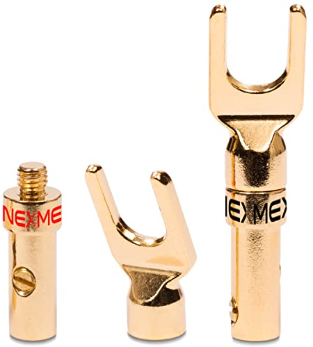 2X Kabelschuhe NEXMEX High End Stecker für Lautsprecherkabel Gabelschuhe Steckverbinder für Kabel bis 6mm² 24K vergoldet löt- oder schraubbar Flexibler Anschluss für HiFi-Boxen Verstärker Endstufen