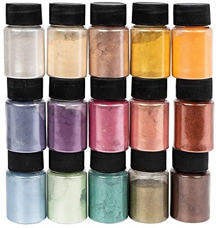 Ideen mit Herz Mica-Pulver | Farb-Pigmente mit Metallic-Effekt | ideal zum Mischen mit Resin, Epoxidharz, Kerzenwachs, als Seifenfarbe | 15 Stück | je 10 g (Vintage metallic)