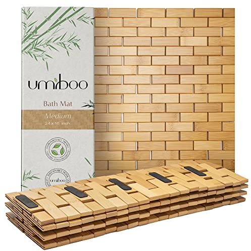 UmiBoo Bambus-Badematte (61 x 40,6 cm, mittelgroß) oder Teppich aus natürlichem Bambus mit Holzoptik, Bodenzubehör für Badezimmer, Dusche, Sauna, Spa, drinnen oder draußen, rutschfest und