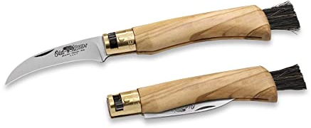Coltello Antonini, serie Old Bear®, misura M, manico olivo con pennello con 4 ciuffi in crine, ghiera ottone, lama cogli-funghi acc.inox W 1.4060 - art. 9387/19_LU