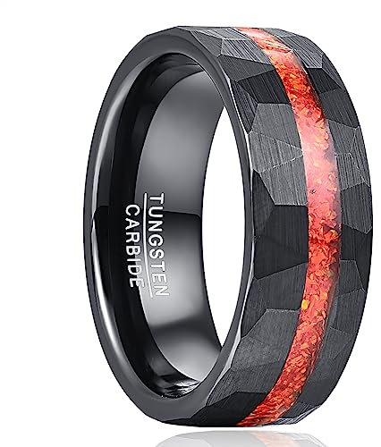 NUNCAD Bague Noir Homme Anneau 8mm Tungstène avec Opale Rouge Finition Brossée Martelé Alliance Mariage Taille 57(18.1)
