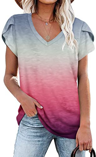 PLOKNRD Damen Tops V-Ausschnitt Blütenblatt Ärmel T-Shirt Sommer Freizeit Kurzen Ärmeln Strand Oberteile(Grau Ombre Rosa,XL)