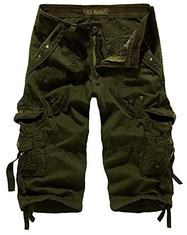 Susenstone Shorts Cargo Homme 3/4 Longue Bermudas Pantalons Courts Rétro Baggy Pantacourt Casual Combat Pantalon Court Militaire Outdoor Multi Poches De Plage Travail Vacances Armée Verte 3XL