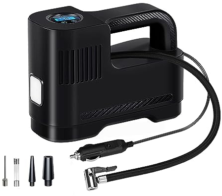 Podazz Digitaler Reifenfüller, Autoreifenpumpe 12 V, elektrischer Luftkompressor mit 3 Düsenadaptern, Manometer und LED-Licht für Schnelles Aufblasen, geeignet für Auto, Fahrrad, Motorrad, Ball