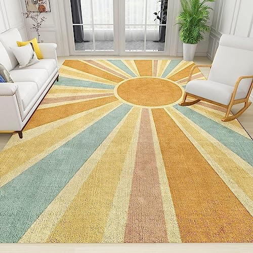 TEMLAN Retro Sonne Boho Regenbogen Sonne Teppiche Gegend, Bunte Böhmische Geometrie Kinderteppich für Drinnen und Draußen Terrasse Balkon Garten Wohnzimmer 80 x 150cm