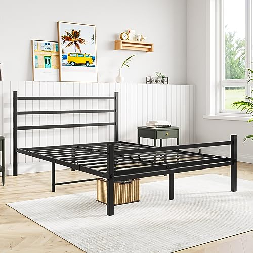 JURMERRY Double Bed Frames with Headboard and Footboard Heavy Duty Foundation, Non-Slip with Steel Slats No Box Spring Needed, Black