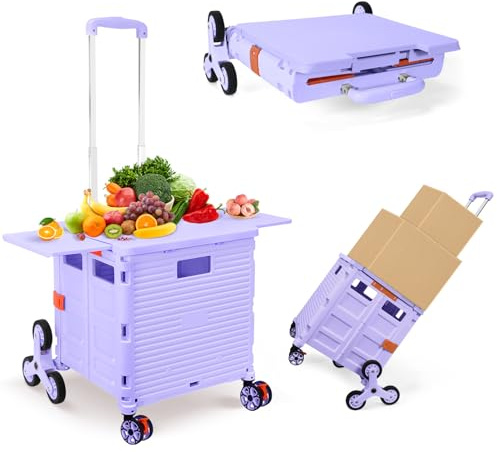 Foldable Utility Cart with Stair Climbing Wheels,Collapsible Rolling Crate with Magnetic Lid Telescopic Cover,Telescoping Handle,360° Rotate Wheel Hand Cart for teacher Shopping Moving Grocery(Purple)