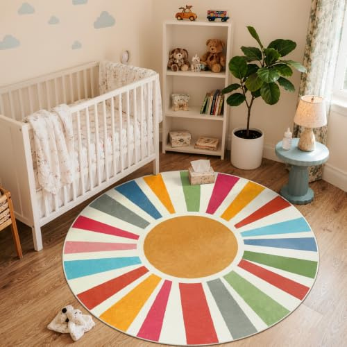 STARUIA Boho-Teppich, waschbar, 152 cm, runder Teppich für Schlafzimmer, Regenbogen-Kreis, Kinderteppiche für Büro, rutschfester Kreis-Teppich, weiche Sonnenschein-Teppiche für Schlafsaal
