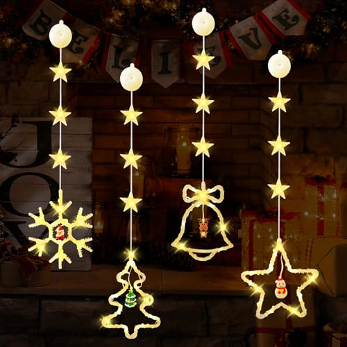 4PCS LED Christmas Window Lights With Suction Cups - Indoor Outdoor Decorations, Battery Operated Curtain Lights for Xmas Decor