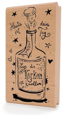 NEWSTAMPS Stempel Lass die Korken knallen Motivstempel aus Holz & Gummi zum Karten und Geschenke basteln, Holzstempel für Sprüche, Spruchstempel, Textstempel, Schrift, Scrapbook, Textilstempel, Deko