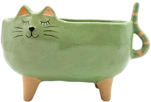 Dekohelden24 Übertopf - Pflanztopf - Pflanzgefäß aus Keramik, Motiv: Katze in grün, Maße L/B/H: ca. 23 x 12,5 x 14,5 cm