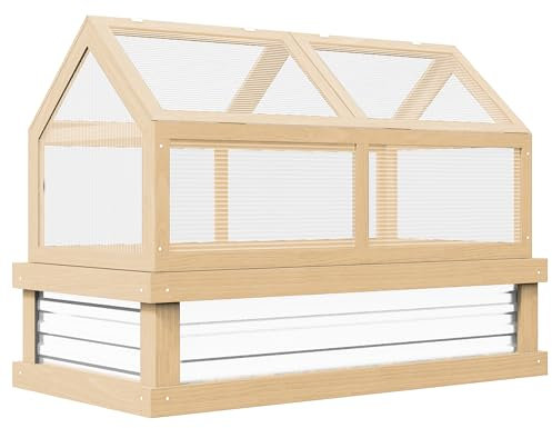 Outsunny 122x61x82cm Cold Frame with 2 Roofs, Two-Part Garden Wooden Raised Garden Bed with PC Board, Greenhouse Flower Planter Protection, Natural