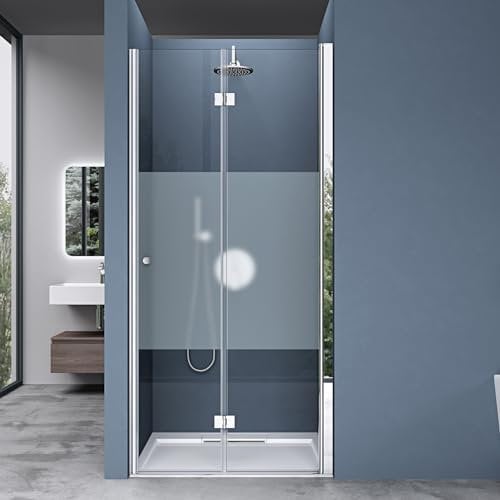 doporro Porte de douche pliable 100cm paroi de douche transparent avec bande opaque pliante pour niche Teramo26MS pare-douche rabattable montage réversible