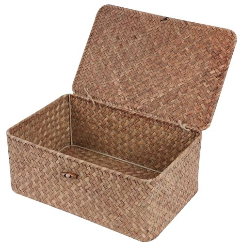 FEIALNDUO Wicker Shelf Baskets with Lid,Seagrass Storage Basket Bins Rectangular Handwoven Basket Boxes for Shelves Desktop Home Organizer (Coffee, Medium)