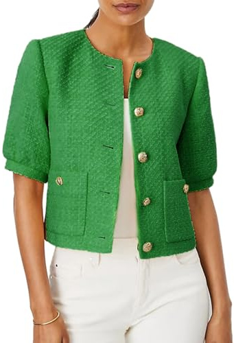 LifeShe Puff Short Sleeve Tweed Jacket Women Cropped Blazer Summer Open Front Casual Office Work Coat, Green, L