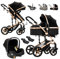 Reenborn Kinderwagen 3 in 1, Buggy mit Zwei Umkehrbaren Schiebemodi, Kinderwagen mit Rahmen Aluminiumlegierung, Kinderwagen 3 in 1 Komplettset mit Ein-Klick-Faltdesign Hohe Landschaft (588 Black Gold)