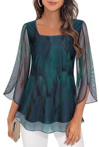 Syphiby Ladies Blouse 3/4 Sleeve, Baggy Tunic Ladies Float Blouse Tops Elegant Square Neck Shirts Womens Green Tops Party Top Women