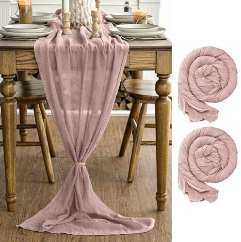 Artoid Mode Lot de 2 Chemins de Table Gaze Mousseline Bohême Rose Poussiéreux 300 cm, Décoration de Cuisine Vacances Mariage Fête d'anniversaire