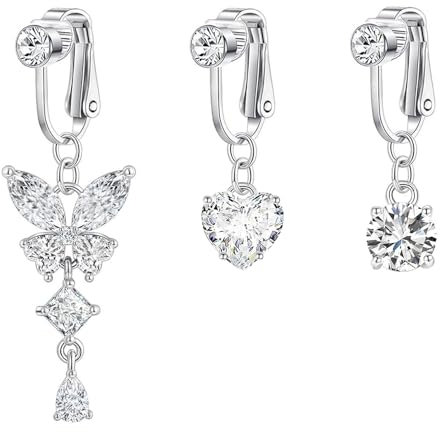 BVLAGIDA 3 Stück Fake Bauchnabelpiercing für Damen, Bauchnabelpiercing Chirurgenstahl, Fake Bauchnabel Piercing Zirkon Schmetterling Herz, mit Geschenk Box