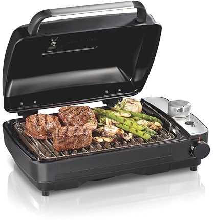 Hamilton Beach Electric Indoor Grill with Hot and Cold Smoke Infuser, 150°F - 450°F Temperature Control For Searing, Vented Hood and Fan, 116 Sq. In. Non-Stick Cooking Surface, Black (25375)