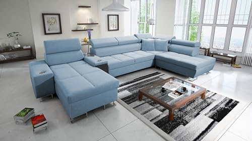 All4All Ecksofa mit Schlaffunktion Margo V 371x221 cm - Schlafsofa mit Bettkasten - Wohnlandschaft in U-Form - XXL Sofa - Seite Links - Gewebe - Blau - Modern 26