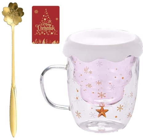 Fiotha Tazzine Caffe Vetro, Tazzine di Vetro a Doppia Parete, Bicchieri Espresso, Tazze da tè al Cappuccino, con Cucchiaini, 301ML, Adatto Come Regalo di Compleanno Romantico Creativo, Rosa