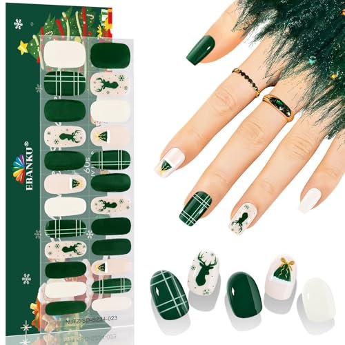 EBANKU Christmas Cured Gel Nail Strips, Glitter Gel Nail Polish Strips Long Lasting Waterproof Full Nail Wraps Stickers with Stick,File (Green elk)