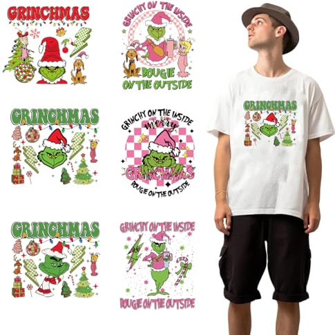 6 Pcs Cute Pink Christmas Iron on Transfers,Cartoon Christmas HTV Iron on Decals Christmas Grinchs Heat Transfer Designs Stickers for T Shirts Clothing Pillow Covers Hoodies Clothes DIY Decorations