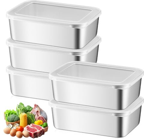 PRITOK Fiambreras de acero inoxidable con tapa, 5 unidades de 1100 ml, recipientes reutilizables para congeladores, almacenamiento de alimentos para microondas