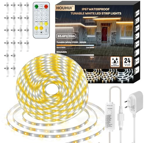 HOUHUI 20 Meter Weiße LED Streifen,2700K-6500K Abstimmbarer Weißer LED Streifen mit Fernbedienung, Außen Warm Bis Kühl Weiß LED Strip für Haus Balkon Deck Dach Pool,Wasserdicht IP67