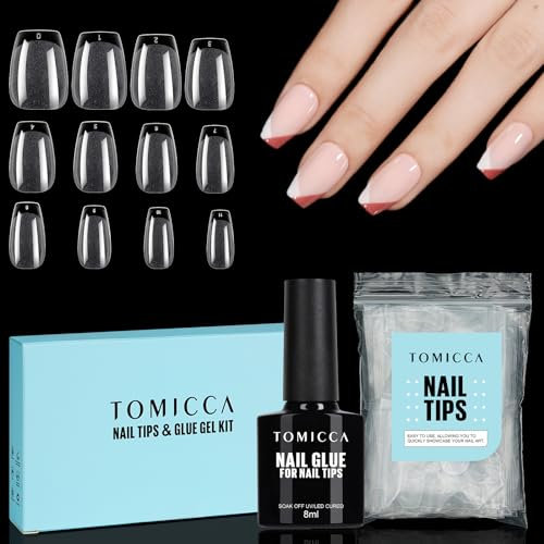 TOMICCA Ballerina Court Capsules Ongles & 4 en 1 Colle Faux Ongles Kit, Transparent Couverture Capsule Americaine Ongle pour Diy Nail Art, 150 Pièces 15 Tailles